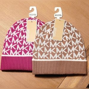 🔥4.99SHIP🔥🆕️Michael Kors Allover MK Print Knit Beanie DARK CAMEL & FUSHCIA